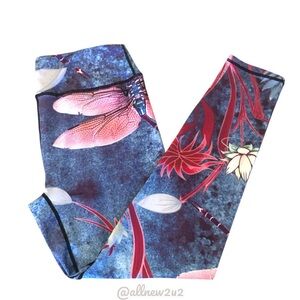 Lotus Leggings Blue and Pink Dragonfly Print Floral Design Size XL